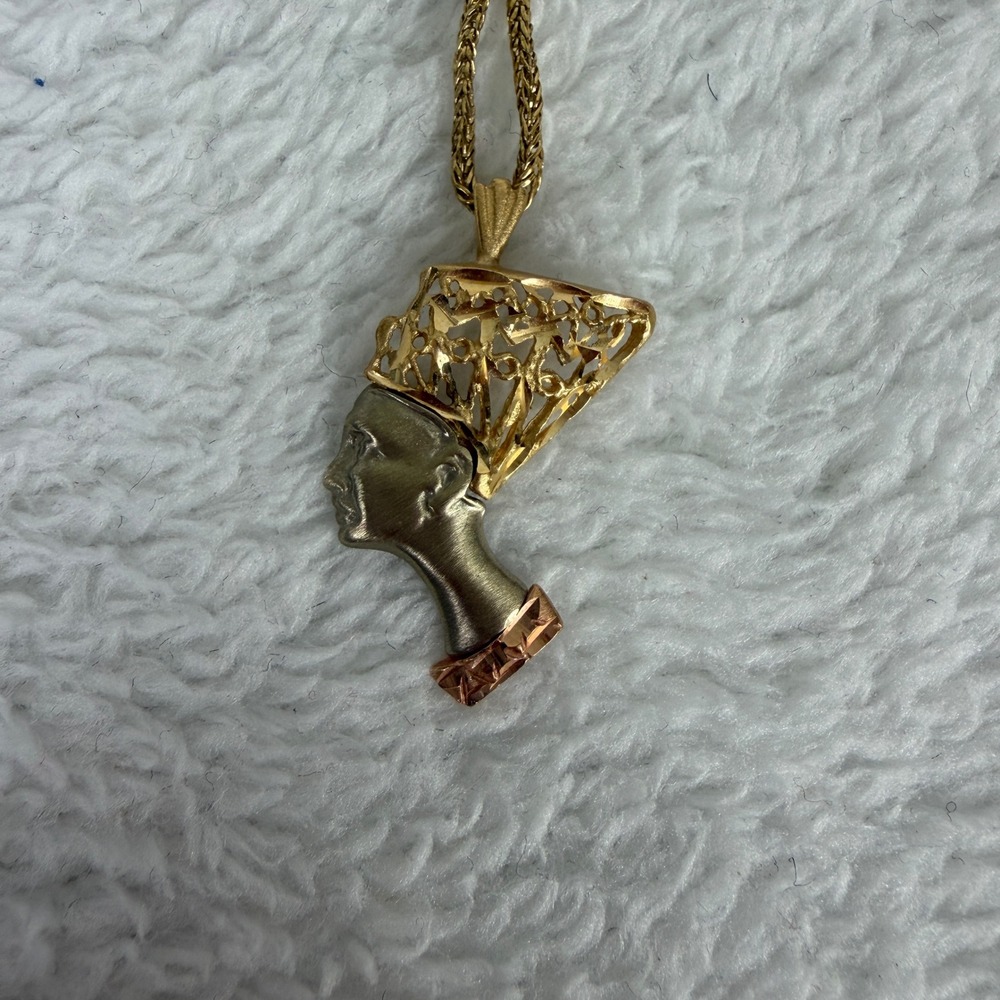 14K Tri Color Queen Nefertiti Pendant Necklace 18 Inch Italian Wheat Chain - Picture 10 of 10